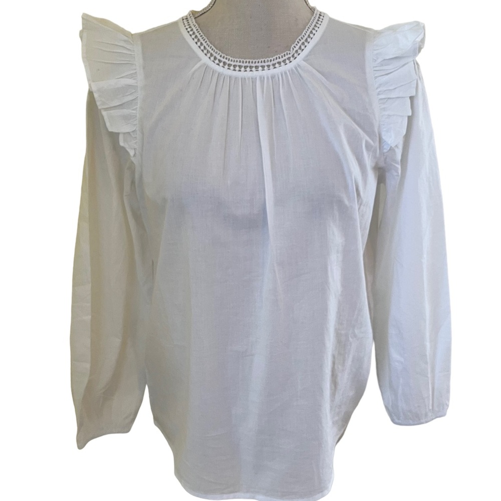 J. Crew White Cotton Lace Trim Ruffle Shoulder Blouse XS